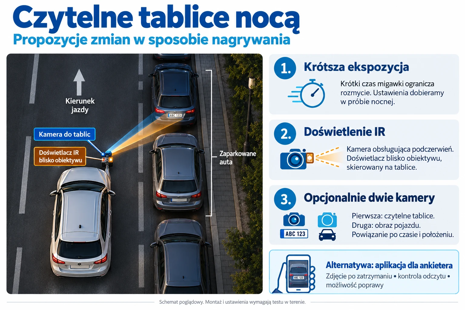 Schemat zaleceń: krótsza ekspozycja, zewnętrzne doświetlenie IR, dwie kamery i aplikacja dla ankietera